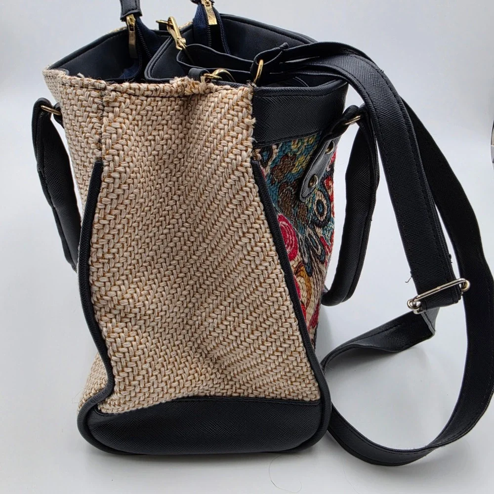 Frida Kahlo Woven Tapestry Satchel Bag Navy Blue Faux Leather Crossbody Handbag